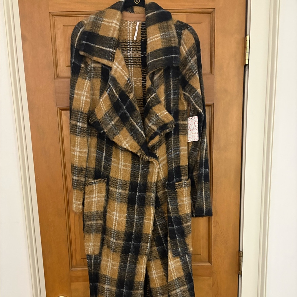 NWT $228 Free People Gold & Black Plaid Maxi Coat XS